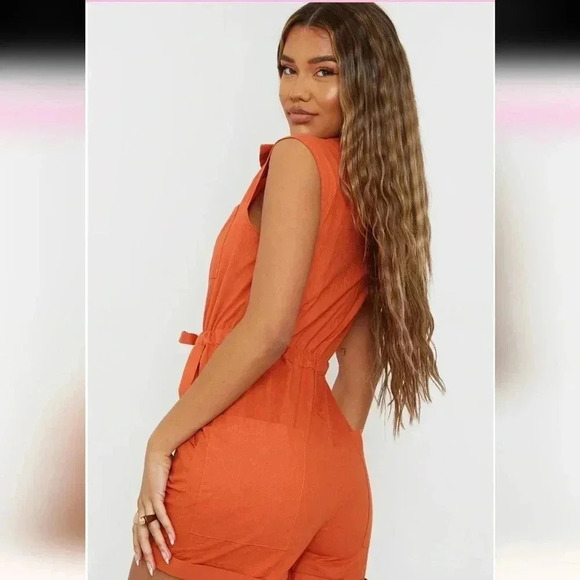 Pretty Little Things Rust Sleeveless Button Front Utility Romper - Picture 3 of 8